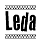 The image is a black and white clipart of the text Leda in a bold, italicized font. The text is bordered by a dotted line on the top and bottom, and there are checkered flags positioned at both ends of the text, usually associated with racing or finishing lines.