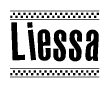 The image contains the text Liessa in a bold, stylized font, with a checkered flag pattern bordering the top and bottom of the text.