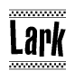 The clipart image displays the text Lark in a bold, stylized font. It is enclosed in a rectangular border with a checkerboard pattern running below and above the text, similar to a finish line in racing. 