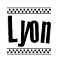 The image contains the text Lyon in a bold, stylized font, with a checkered flag pattern bordering the top and bottom of the text.