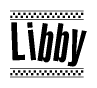 The image contains the text Libby in a bold, stylized font, with a checkered flag pattern bordering the top and bottom of the text.