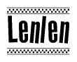 The image is a black and white clipart of the text Lenlen in a bold, italicized font. The text is bordered by a dotted line on the top and bottom, and there are checkered flags positioned at both ends of the text, usually associated with racing or finishing lines.