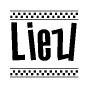 The clipart image displays the text Liezl in a bold, stylized font. It is enclosed in a rectangular border with a checkerboard pattern running below and above the text, similar to a finish line in racing. 