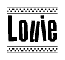 The clipart image displays the text Louie in a bold, stylized font. It is enclosed in a rectangular border with a checkerboard pattern running below and above the text, similar to a finish line in racing. 