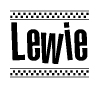 The image contains the text Lewie in a bold, stylized font, with a checkered flag pattern bordering the top and bottom of the text.