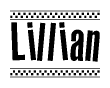 The clipart image displays the text Lillian in a bold, stylized font. It is enclosed in a rectangular border with a checkerboard pattern running below and above the text, similar to a finish line in racing. 