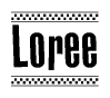 The image contains the text Loree in a bold, stylized font, with a checkered flag pattern bordering the top and bottom of the text.