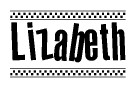 The clipart image displays the text Lizabeth in a bold, stylized font. It is enclosed in a rectangular border with a checkerboard pattern running below and above the text, similar to a finish line in racing. 