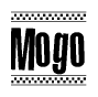 The image contains the text Mogo in a bold, stylized font, with a checkered flag pattern bordering the top and bottom of the text.