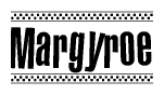 The clipart image displays the text Margyroe in a bold, stylized font. It is enclosed in a rectangular border with a checkerboard pattern running below and above the text, similar to a finish line in racing. 