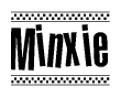 The image contains the text Minxie in a bold, stylized font, with a checkered flag pattern bordering the top and bottom of the text.