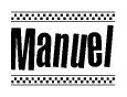 The image contains the text Manuel in a bold, stylized font, with a checkered flag pattern bordering the top and bottom of the text.