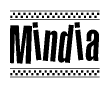 The image is a black and white clipart of the text Mindia in a bold, italicized font. The text is bordered by a dotted line on the top and bottom, and there are checkered flags positioned at both ends of the text, usually associated with racing or finishing lines.