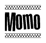 The image contains the text Momo in a bold, stylized font, with a checkered flag pattern bordering the top and bottom of the text.