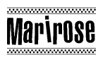 The image contains the text Marirose in a bold, stylized font, with a checkered flag pattern bordering the top and bottom of the text.