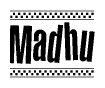 The clipart image displays the text Madhu in a bold, stylized font. It is enclosed in a rectangular border with a checkerboard pattern running below and above the text, similar to a finish line in racing. 