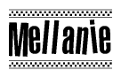 The image contains the text Mellanie in a bold, stylized font, with a checkered flag pattern bordering the top and bottom of the text.