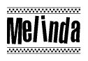 The image is a black and white clipart of the text Melinda in a bold, italicized font. The text is bordered by a dotted line on the top and bottom, and there are checkered flags positioned at both ends of the text, usually associated with racing or finishing lines.
