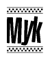 The clipart image displays the text Myk in a bold, stylized font. It is enclosed in a rectangular border with a checkerboard pattern running below and above the text, similar to a finish line in racing. 