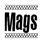 The clipart image displays the text Mags in a bold, stylized font. It is enclosed in a rectangular border with a checkerboard pattern running below and above the text, similar to a finish line in racing. 