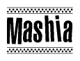 The clipart image displays the text Mashia in a bold, stylized font. It is enclosed in a rectangular border with a checkerboard pattern running below and above the text, similar to a finish line in racing. 