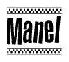 The image is a black and white clipart of the text Manel in a bold, italicized font. The text is bordered by a dotted line on the top and bottom, and there are checkered flags positioned at both ends of the text, usually associated with racing or finishing lines.