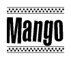 The clipart image displays the text Mango in a bold, stylized font. It is enclosed in a rectangular border with a checkerboard pattern running below and above the text, similar to a finish line in racing. 