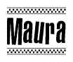 The clipart image displays the text Maura in a bold, stylized font. It is enclosed in a rectangular border with a checkerboard pattern running below and above the text, similar to a finish line in racing. 