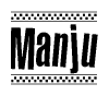 The image is a black and white clipart of the text Manju in a bold, italicized font. The text is bordered by a dotted line on the top and bottom, and there are checkered flags positioned at both ends of the text, usually associated with racing or finishing lines.
