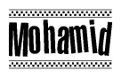 The image contains the text Mohamid in a bold, stylized font, with a checkered flag pattern bordering the top and bottom of the text.