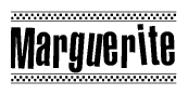 The image is a black and white clipart of the text Marguerite in a bold, italicized font. The text is bordered by a dotted line on the top and bottom, and there are checkered flags positioned at both ends of the text, usually associated with racing or finishing lines.