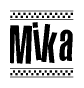 The clipart image displays the text Mika in a bold, stylized font. It is enclosed in a rectangular border with a checkerboard pattern running below and above the text, similar to a finish line in racing. 