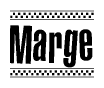 The image contains the text Marge in a bold, stylized font, with a checkered flag pattern bordering the top and bottom of the text.