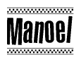 The image is a black and white clipart of the text Manoel in a bold, italicized font. The text is bordered by a dotted line on the top and bottom, and there are checkered flags positioned at both ends of the text, usually associated with racing or finishing lines.