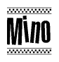 The clipart image displays the text Mino in a bold, stylized font. It is enclosed in a rectangular border with a checkerboard pattern running below and above the text, similar to a finish line in racing. 