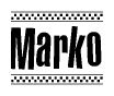 The image is a black and white clipart of the text Marko in a bold, italicized font. The text is bordered by a dotted line on the top and bottom, and there are checkered flags positioned at both ends of the text, usually associated with racing or finishing lines.