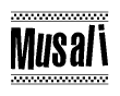 The image contains the text Musali in a bold, stylized font, with a checkered flag pattern bordering the top and bottom of the text.