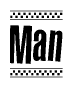 The image contains the text Man in a bold, stylized font, with a checkered flag pattern bordering the top and bottom of the text.