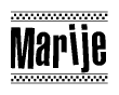 The image contains the text Marije in a bold, stylized font, with a checkered flag pattern bordering the top and bottom of the text.