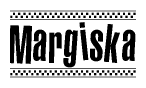 The image contains the text Margiska in a bold, stylized font, with a checkered flag pattern bordering the top and bottom of the text.
