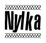 The image is a black and white clipart of the text Nylka in a bold, italicized font. The text is bordered by a dotted line on the top and bottom, and there are checkered flags positioned at both ends of the text, usually associated with racing or finishing lines.
