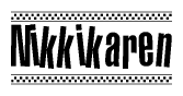 The clipart image displays the text Nikkikaren in a bold, stylized font. It is enclosed in a rectangular border with a checkerboard pattern running below and above the text, similar to a finish line in racing. 