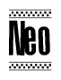 The image contains the text Neo in a bold, stylized font, with a checkered flag pattern bordering the top and bottom of the text.