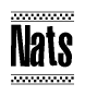 The image is a black and white clipart of the text Nats in a bold, italicized font. The text is bordered by a dotted line on the top and bottom, and there are checkered flags positioned at both ends of the text, usually associated with racing or finishing lines.