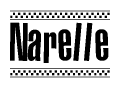 The image contains the text Narelle in a bold, stylized font, with a checkered flag pattern bordering the top and bottom of the text.