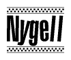 The clipart image displays the text Nygell in a bold, stylized font. It is enclosed in a rectangular border with a checkerboard pattern running below and above the text, similar to a finish line in racing. 
