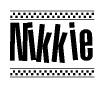 The image contains the text Nikkie in a bold, stylized font, with a checkered flag pattern bordering the top and bottom of the text.