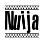The image is a black and white clipart of the text Nuija in a bold, italicized font. The text is bordered by a dotted line on the top and bottom, and there are checkered flags positioned at both ends of the text, usually associated with racing or finishing lines.
