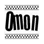 The image contains the text Omon in a bold, stylized font, with a checkered flag pattern bordering the top and bottom of the text.