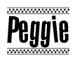 The image contains the text Peggie in a bold, stylized font, with a checkered flag pattern bordering the top and bottom of the text.